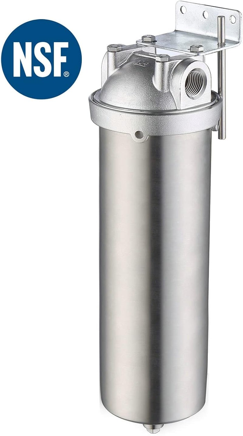Amwater NSF/ANSI 42 Stainless Steel Whole House Water Filter Housing, 10" x 2.5" Sediment Water Filter System for Heavy Duty, Well & City Water, 3/4" NPT Port, Drain Valve Style C - Image 1
